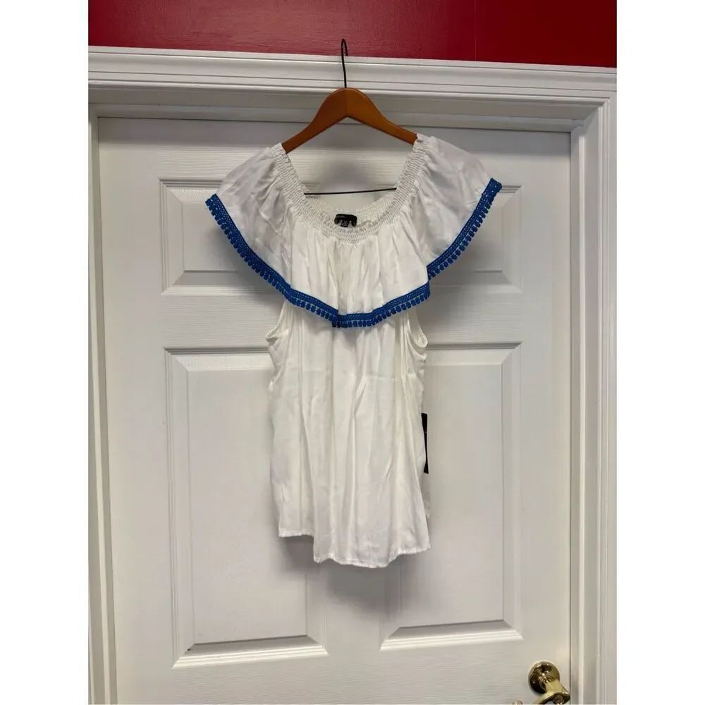 Gibson X Hi Sugarplum White W/ Blue Crochet Trim Off The Shoulder Top sz 2X NWT